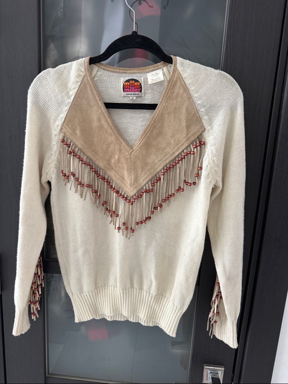 Vtg Miller 109% leather Cream Fringe-Trim V-Neck Sweater